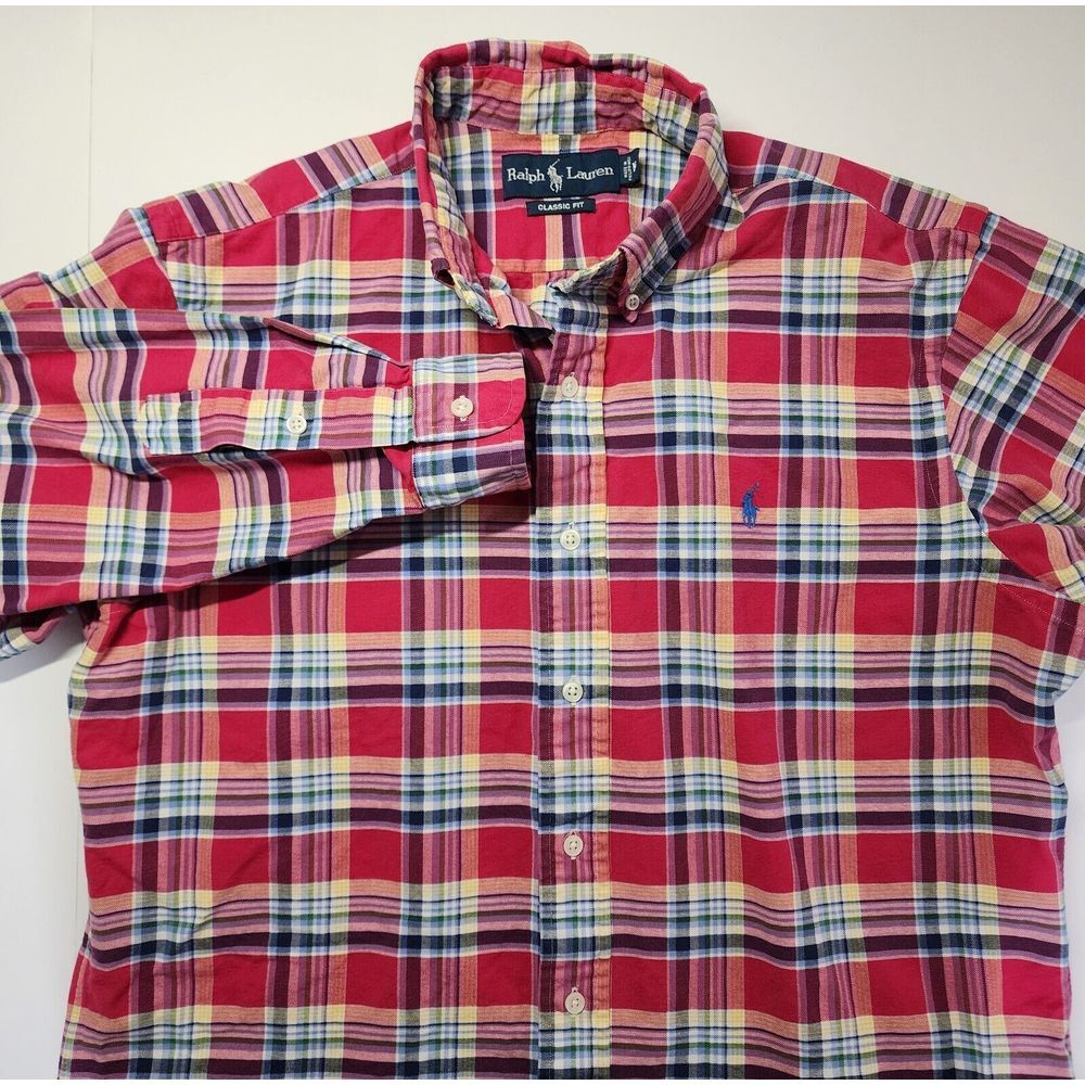 Ralph Lauren Mens Size M Long Sleeve Button Down Pink/Yellow/Blue‎ Plaid Shirt